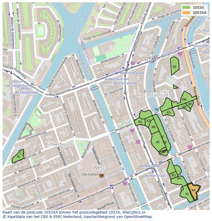 Afbeelding van het postcodegebied 1053 XA op de kaart.