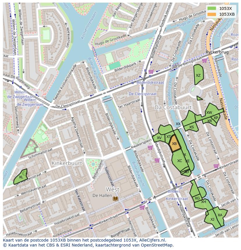 Afbeelding van het postcodegebied 1053 XB op de kaart.
