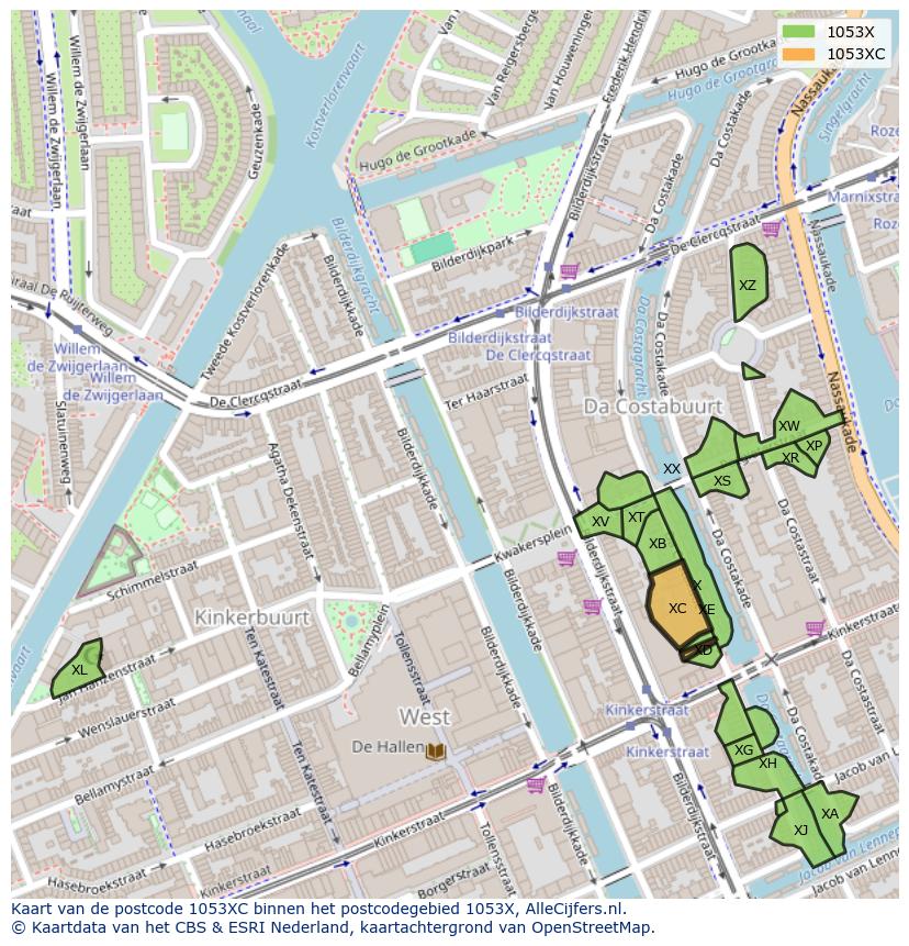 Afbeelding van het postcodegebied 1053 XC op de kaart.