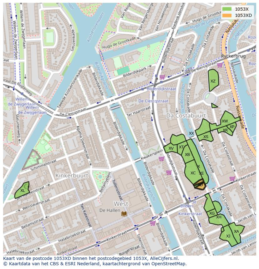 Afbeelding van het postcodegebied 1053 XD op de kaart.
