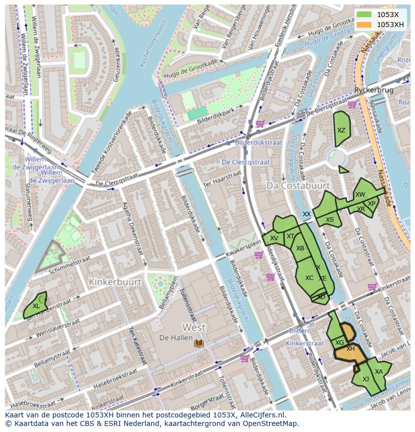 Afbeelding van het postcodegebied 1053 XH op de kaart.