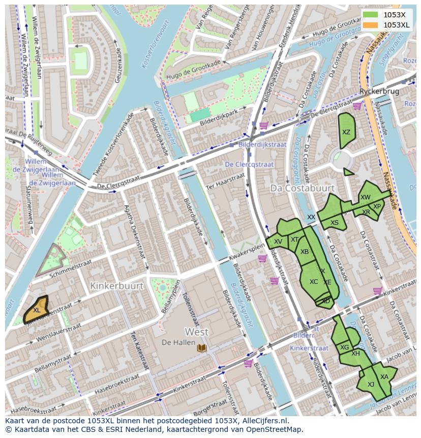 Afbeelding van het postcodegebied 1053 XL op de kaart.