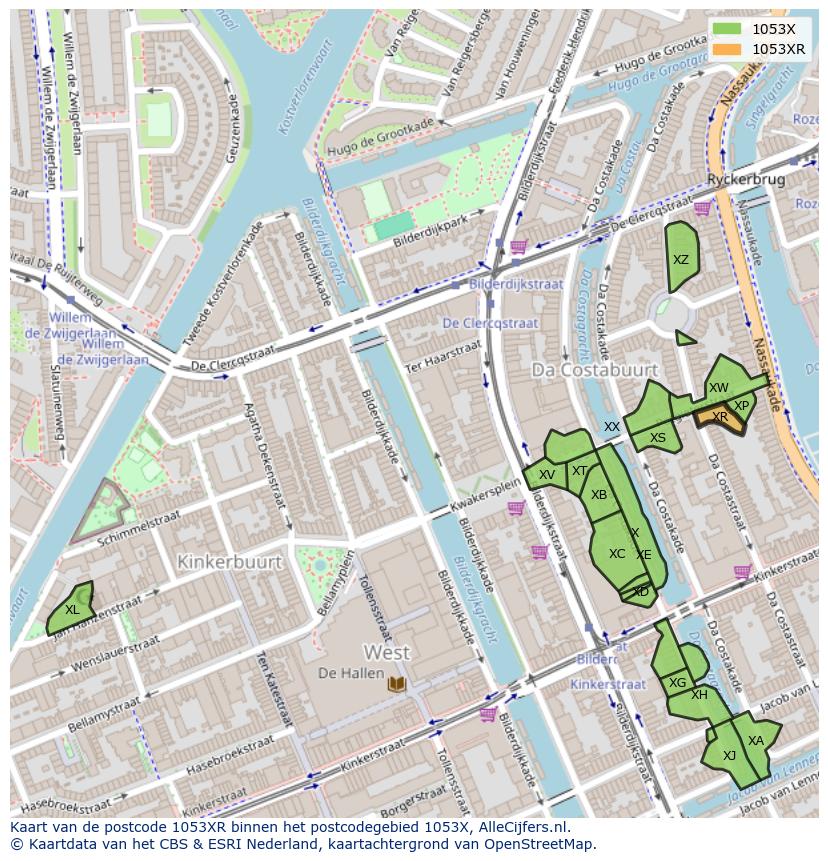 Afbeelding van het postcodegebied 1053 XR op de kaart.