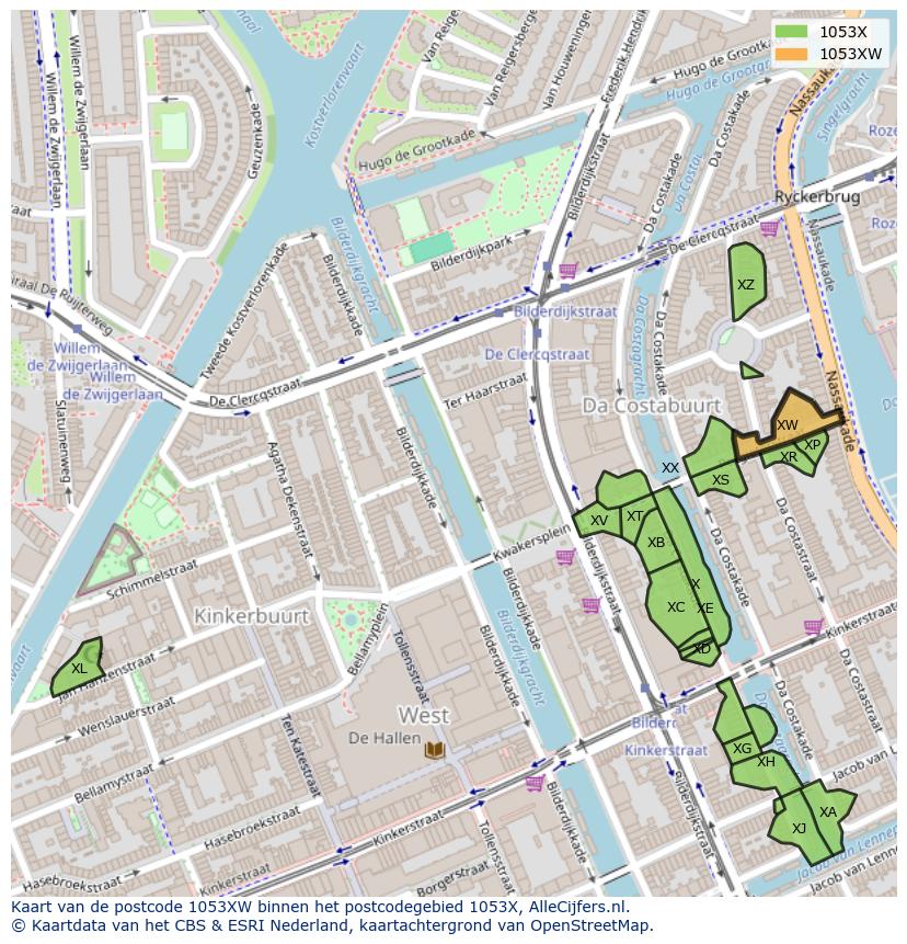 Afbeelding van het postcodegebied 1053 XW op de kaart.