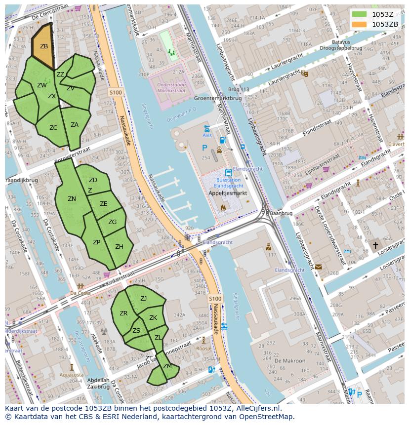 Afbeelding van het postcodegebied 1053 ZB op de kaart.
