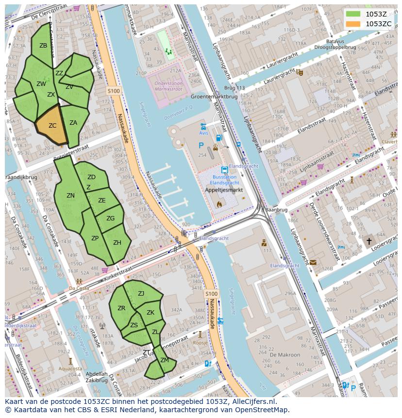 Afbeelding van het postcodegebied 1053 ZC op de kaart.