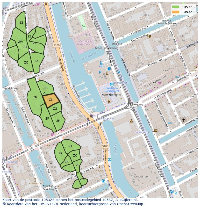 Afbeelding van het postcodegebied 1053 ZE op de kaart.