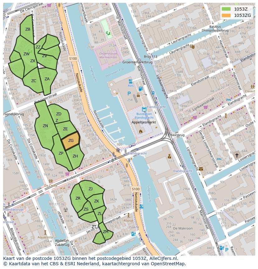 Afbeelding van het postcodegebied 1053 ZG op de kaart.