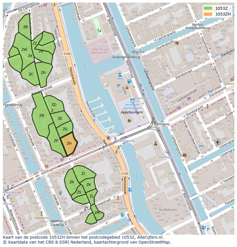 Afbeelding van het postcodegebied 1053 ZH op de kaart.