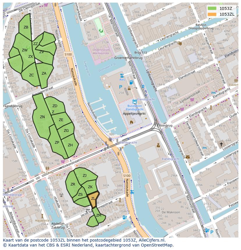 Afbeelding van het postcodegebied 1053 ZL op de kaart.