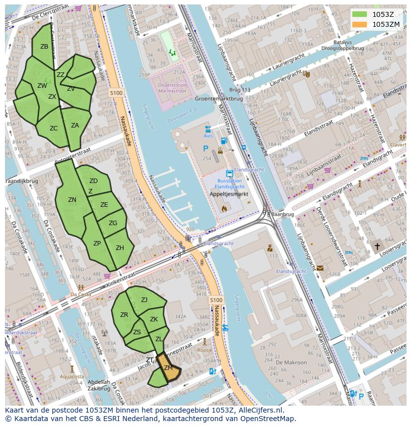 Afbeelding van het postcodegebied 1053 ZM op de kaart.