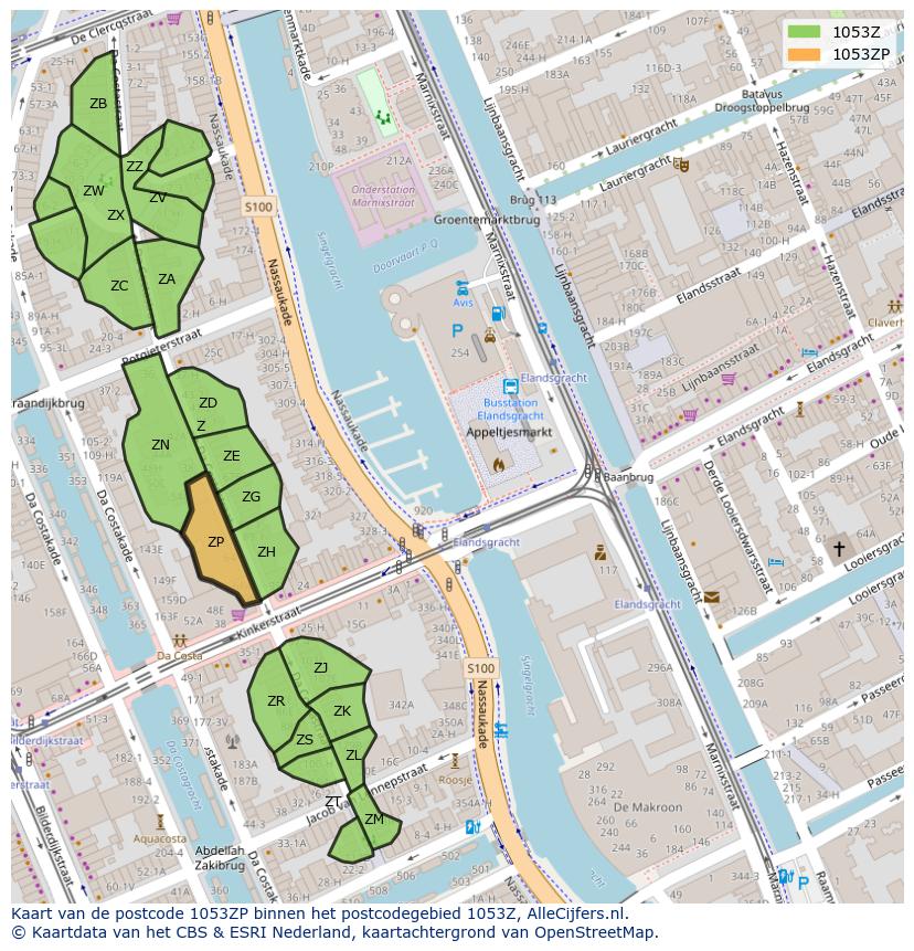 Afbeelding van het postcodegebied 1053 ZP op de kaart.