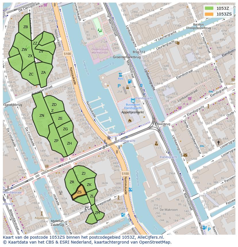 Afbeelding van het postcodegebied 1053 ZS op de kaart.
