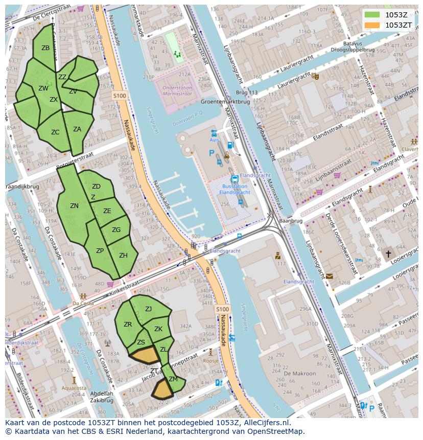 Afbeelding van het postcodegebied 1053 ZT op de kaart.