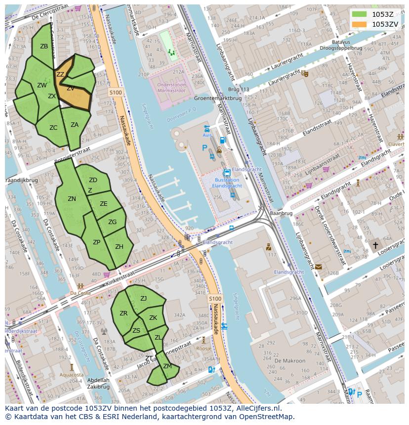 Afbeelding van het postcodegebied 1053 ZV op de kaart.