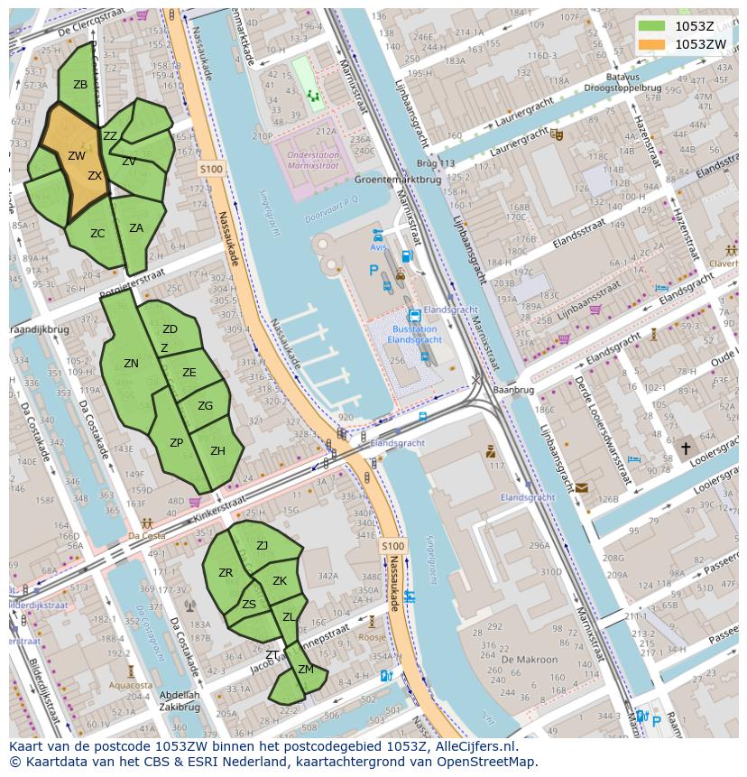 Afbeelding van het postcodegebied 1053 ZW op de kaart.