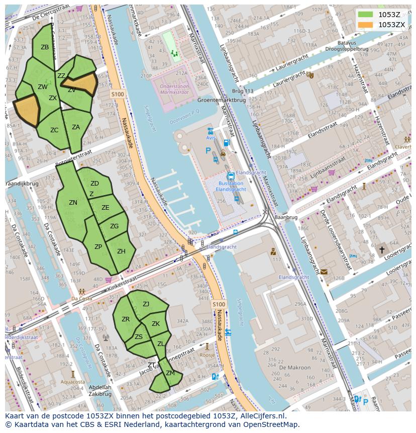 Afbeelding van het postcodegebied 1053 ZX op de kaart.