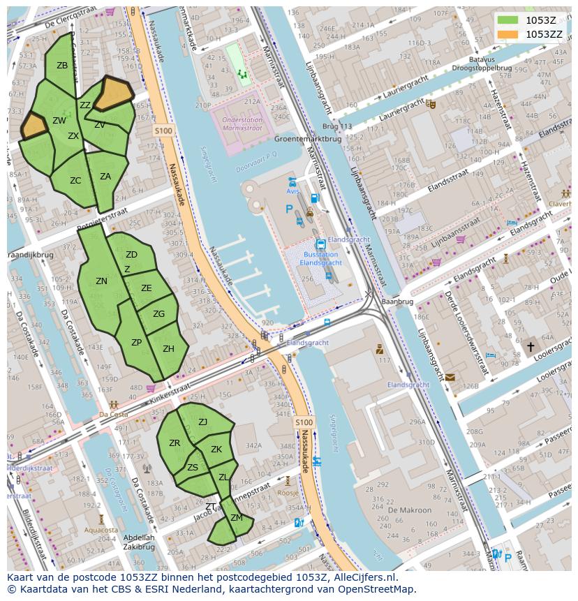 Afbeelding van het postcodegebied 1053 ZZ op de kaart.