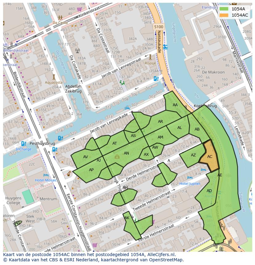 Afbeelding van het postcodegebied 1054 AC op de kaart.