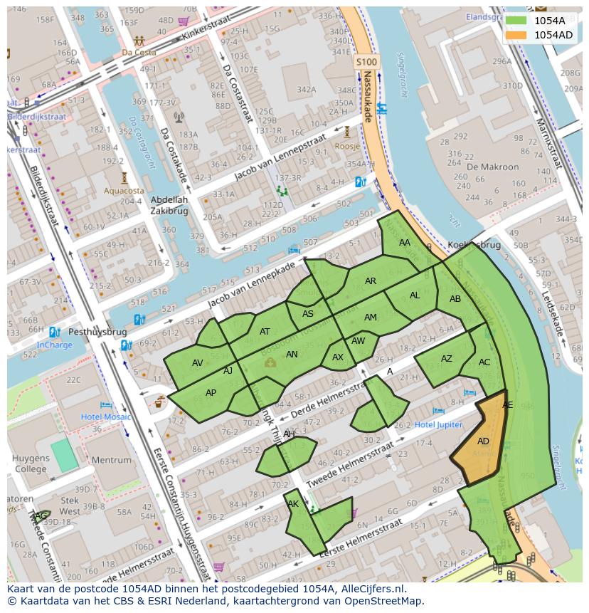 Afbeelding van het postcodegebied 1054 AD op de kaart.