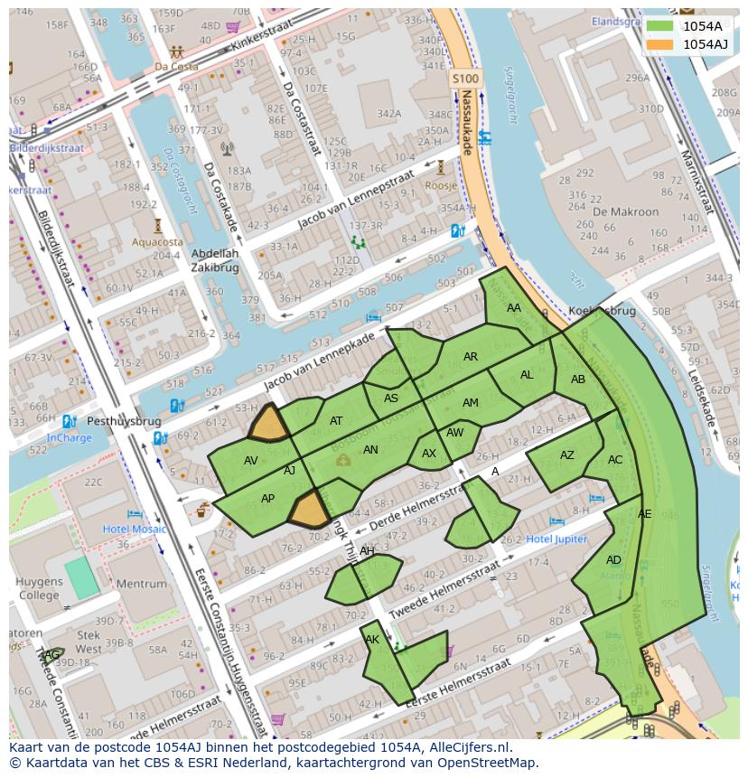 Afbeelding van het postcodegebied 1054 AJ op de kaart.