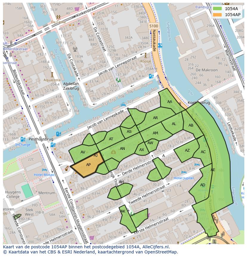 Afbeelding van het postcodegebied 1054 AP op de kaart.