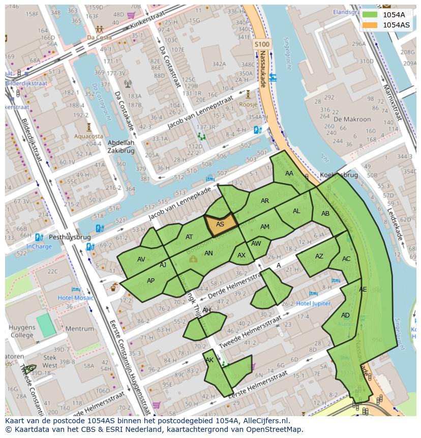 Afbeelding van het postcodegebied 1054 AS op de kaart.