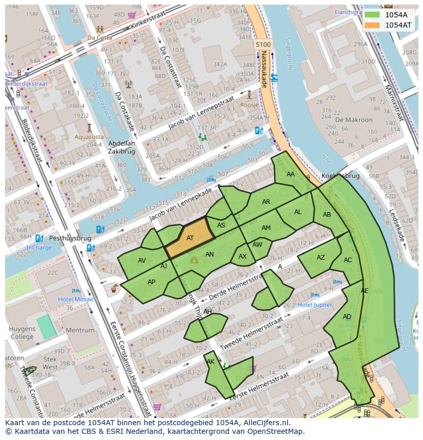 Afbeelding van het postcodegebied 1054 AT op de kaart.