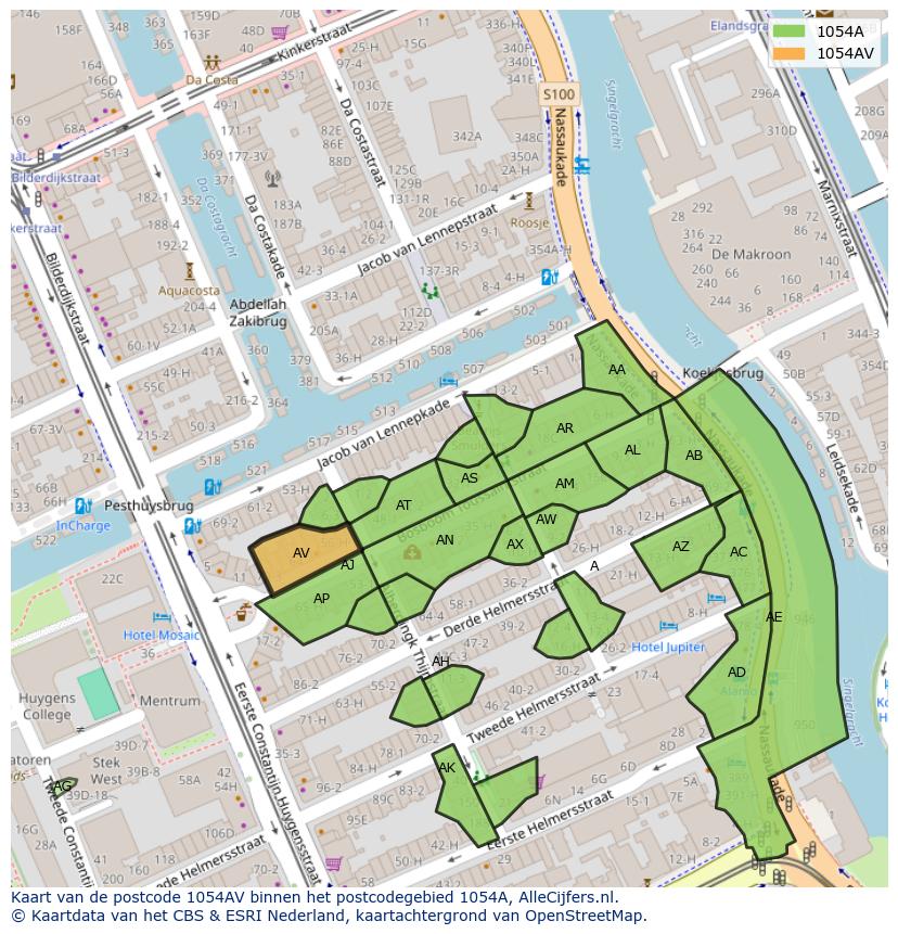 Afbeelding van het postcodegebied 1054 AV op de kaart.