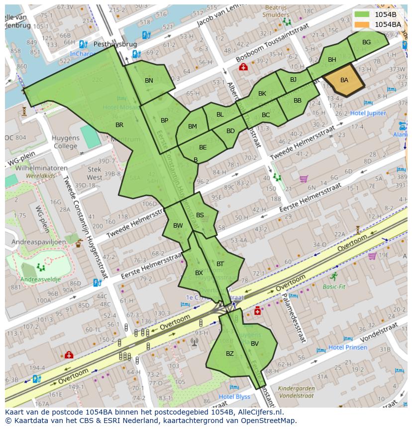 Afbeelding van het postcodegebied 1054 BA op de kaart.