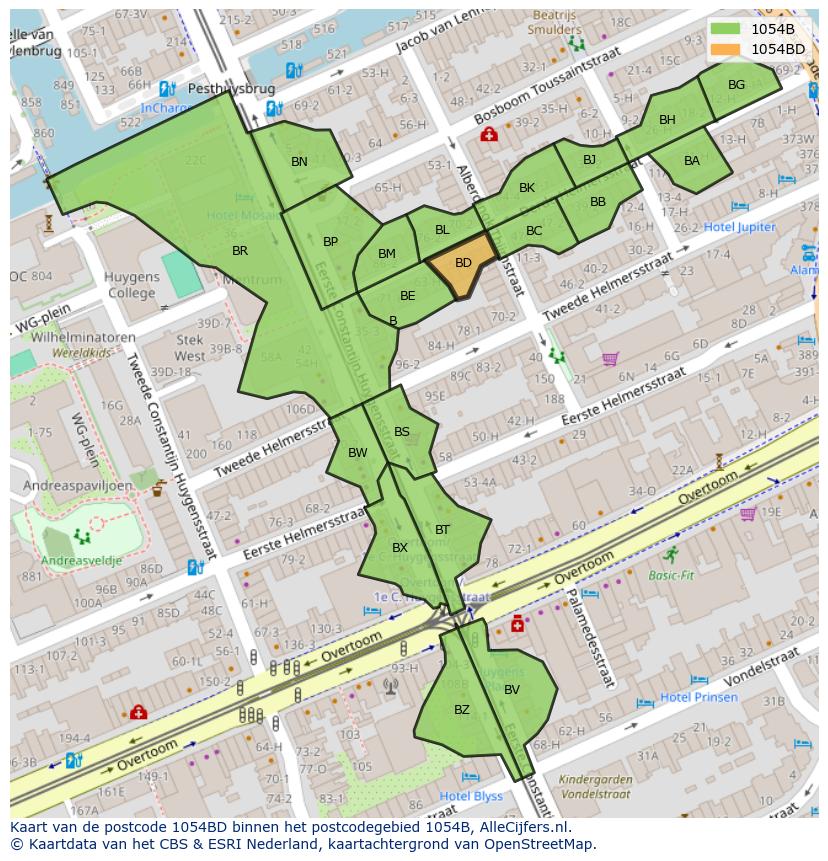 Afbeelding van het postcodegebied 1054 BD op de kaart.