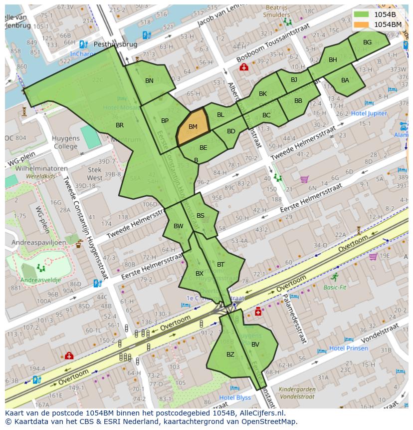 Afbeelding van het postcodegebied 1054 BM op de kaart.