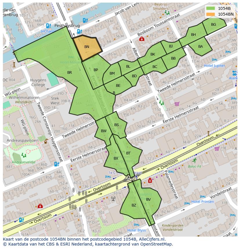 Afbeelding van het postcodegebied 1054 BN op de kaart.