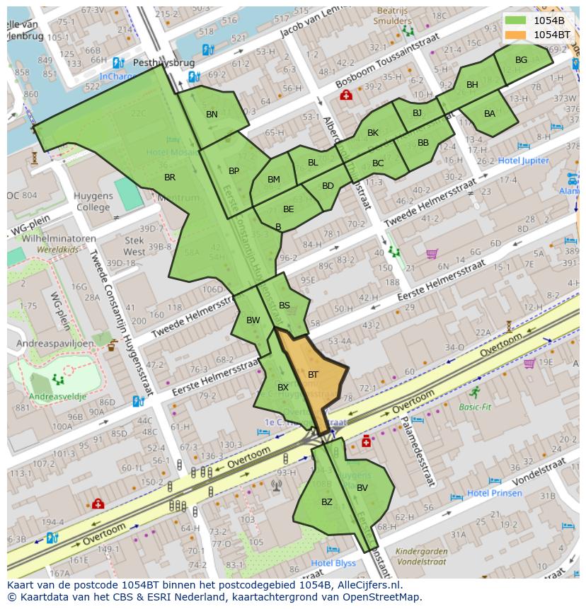 Afbeelding van het postcodegebied 1054 BT op de kaart.