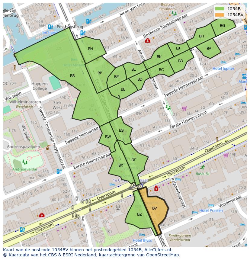 Afbeelding van het postcodegebied 1054 BV op de kaart.