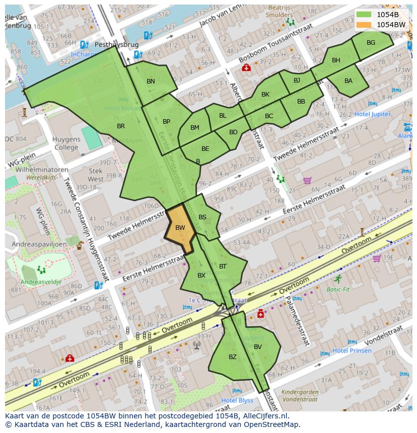 Afbeelding van het postcodegebied 1054 BW op de kaart.