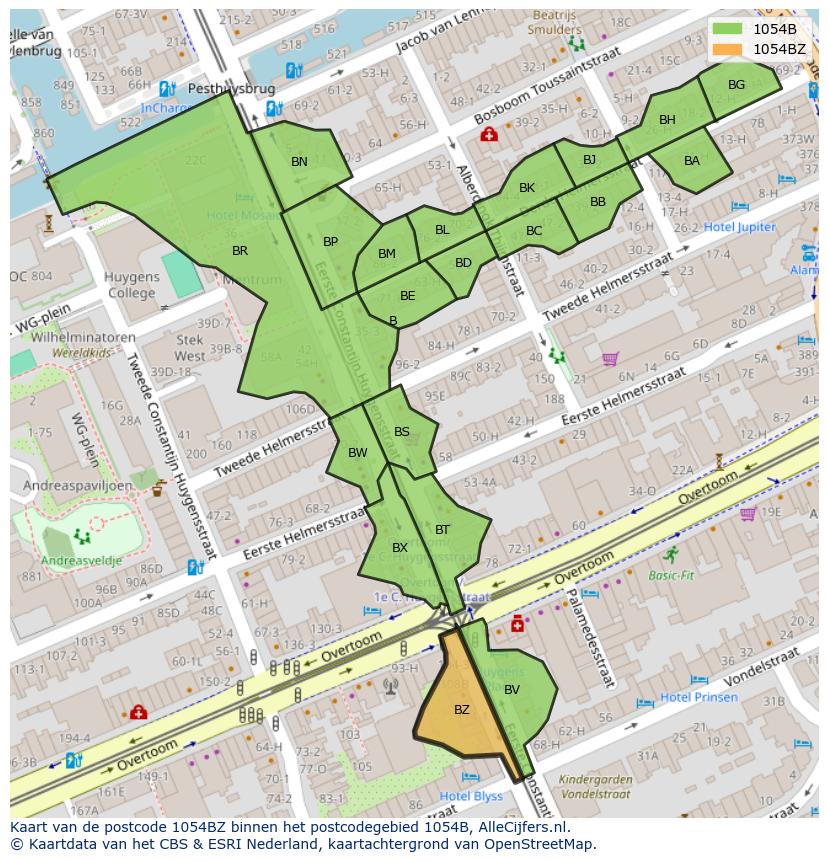 Afbeelding van het postcodegebied 1054 BZ op de kaart.