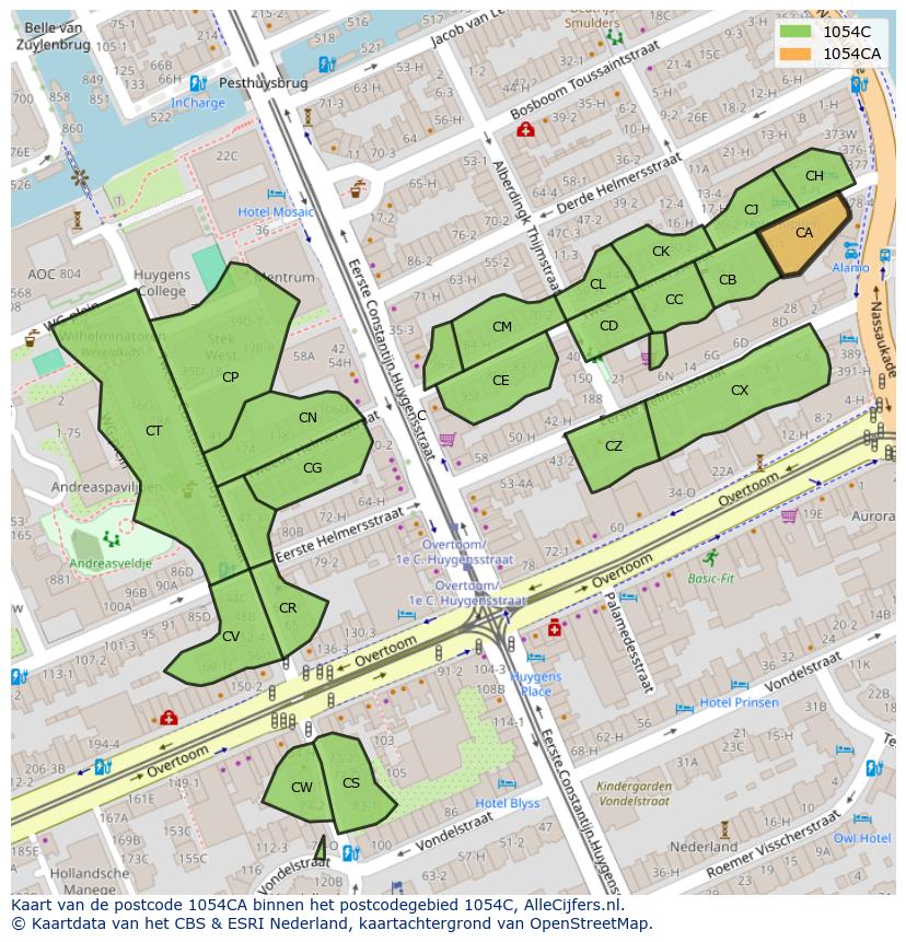 Afbeelding van het postcodegebied 1054 CA op de kaart.
