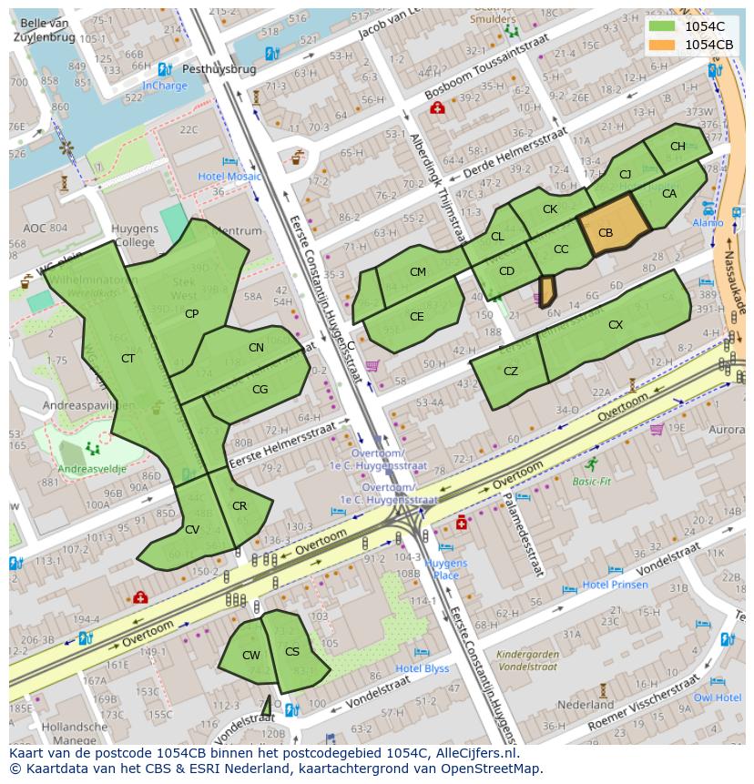 Afbeelding van het postcodegebied 1054 CB op de kaart.