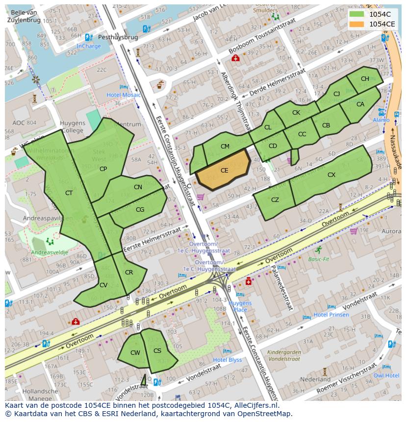 Afbeelding van het postcodegebied 1054 CE op de kaart.