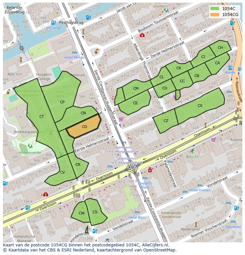 Afbeelding van het postcodegebied 1054 CG op de kaart.