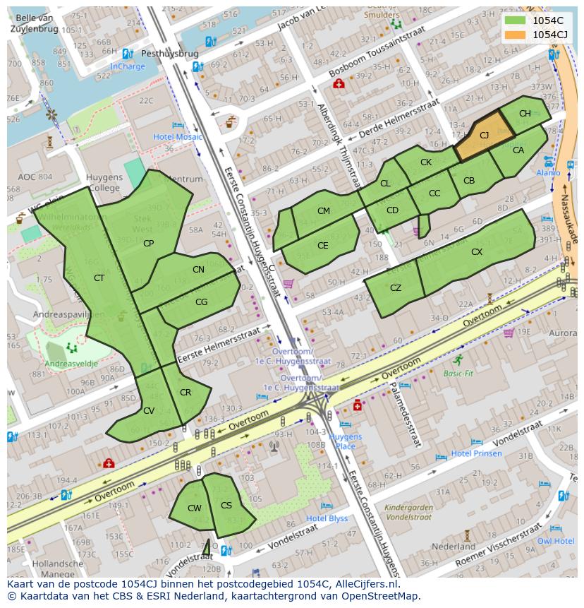Afbeelding van het postcodegebied 1054 CJ op de kaart.