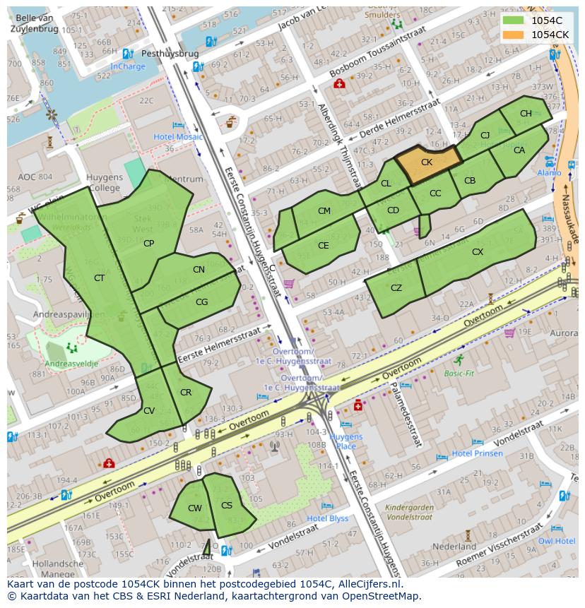 Afbeelding van het postcodegebied 1054 CK op de kaart.