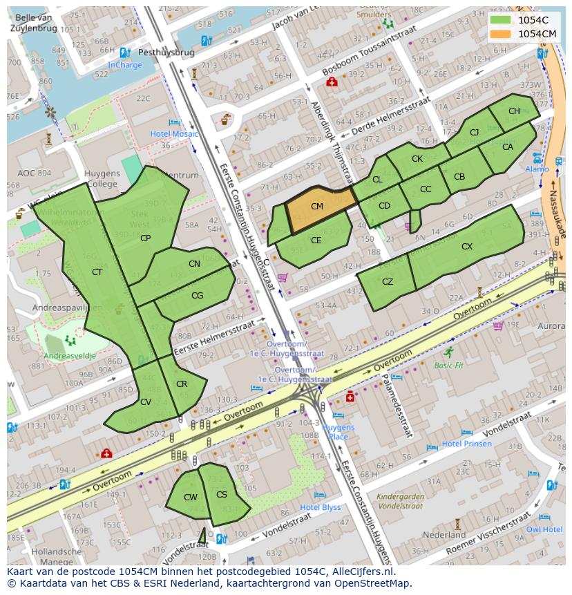 Afbeelding van het postcodegebied 1054 CM op de kaart.