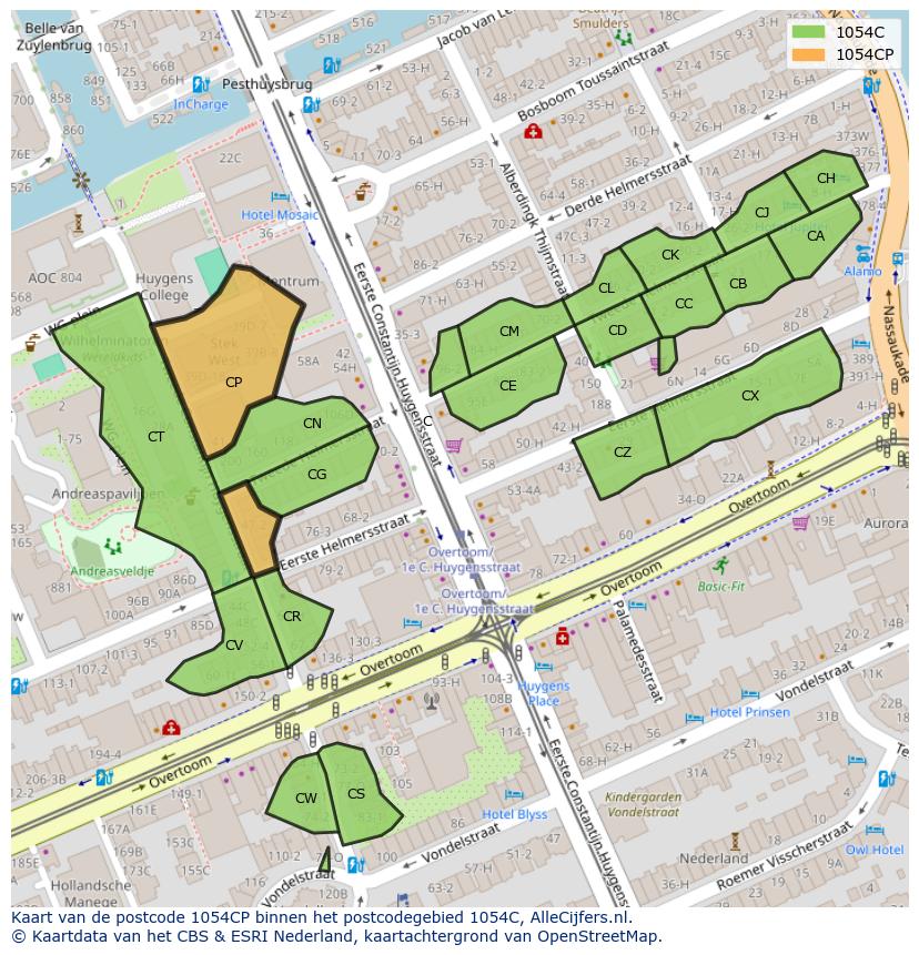 Afbeelding van het postcodegebied 1054 CP op de kaart.