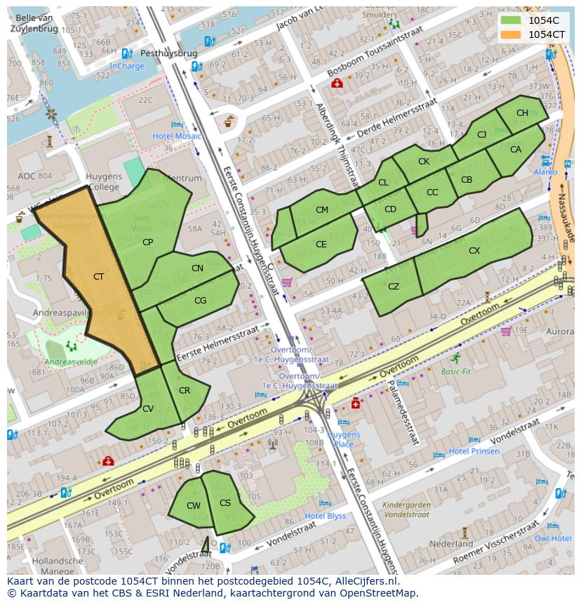 Afbeelding van het postcodegebied 1054 CT op de kaart.
