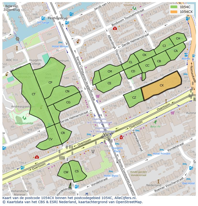 Afbeelding van het postcodegebied 1054 CX op de kaart.