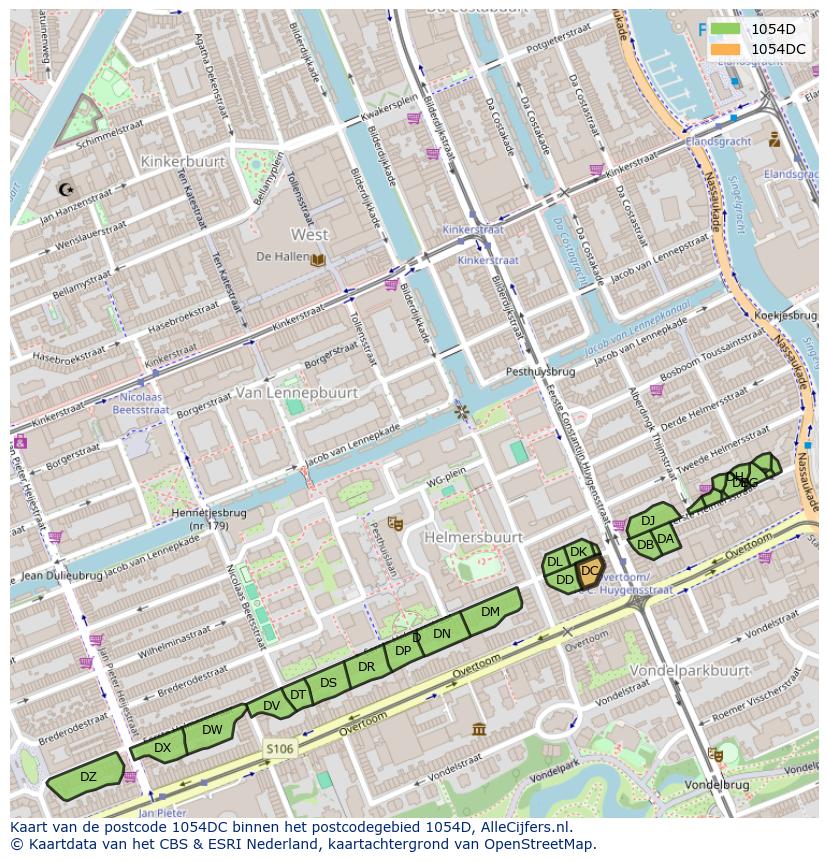 Afbeelding van het postcodegebied 1054 DC op de kaart.