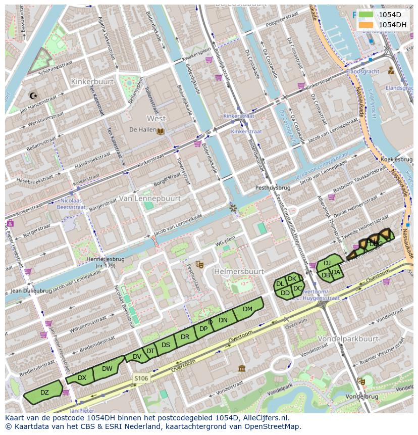 Afbeelding van het postcodegebied 1054 DH op de kaart.