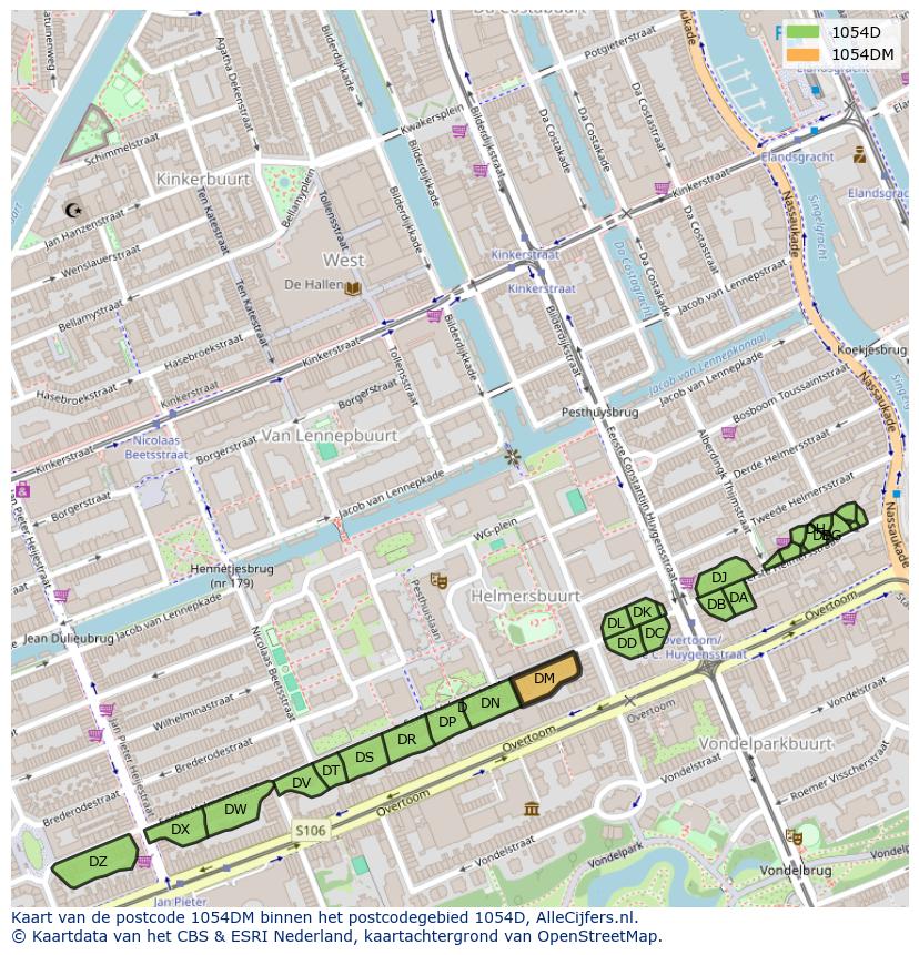 Afbeelding van het postcodegebied 1054 DM op de kaart.